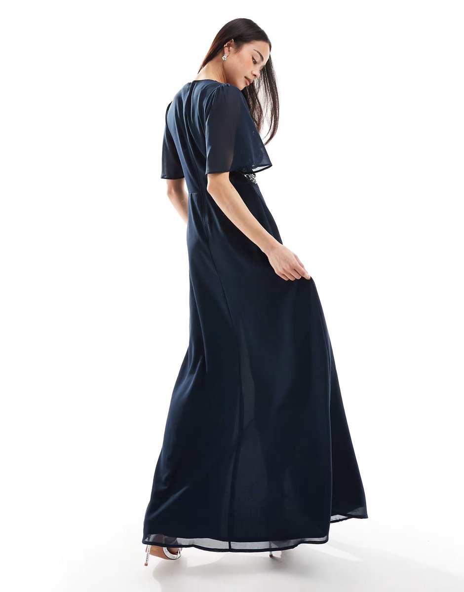 ASOS Maya Floral embellished short angel sleeve maxi dress in navy - 4