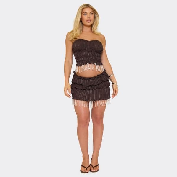 EGO EGO Chic Mid Rise Beaded Tassel Shorts in Chocolate Textured