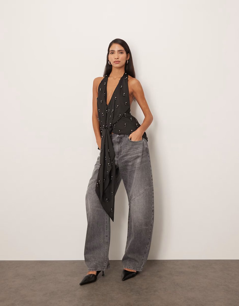 ASOS ARRANGE embellished plunge tie halter top in black - 4