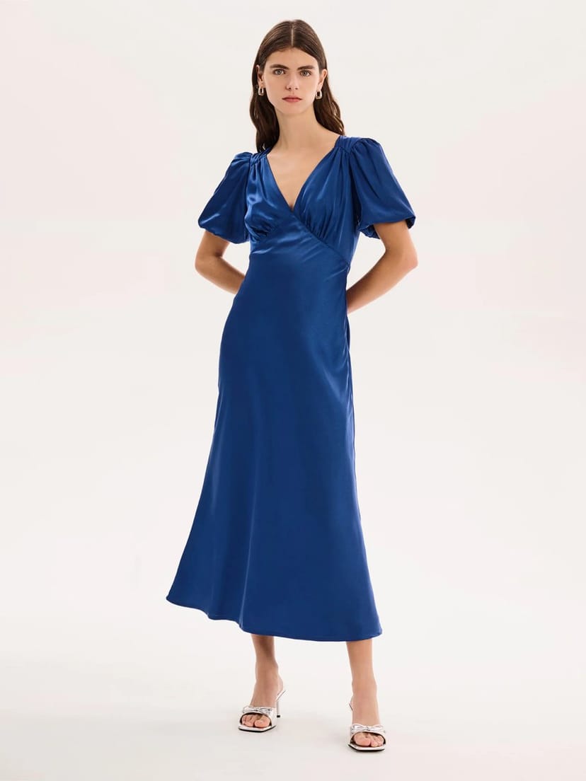 OMNES Rosie Puff Sleeve Dress in Navy - 1
