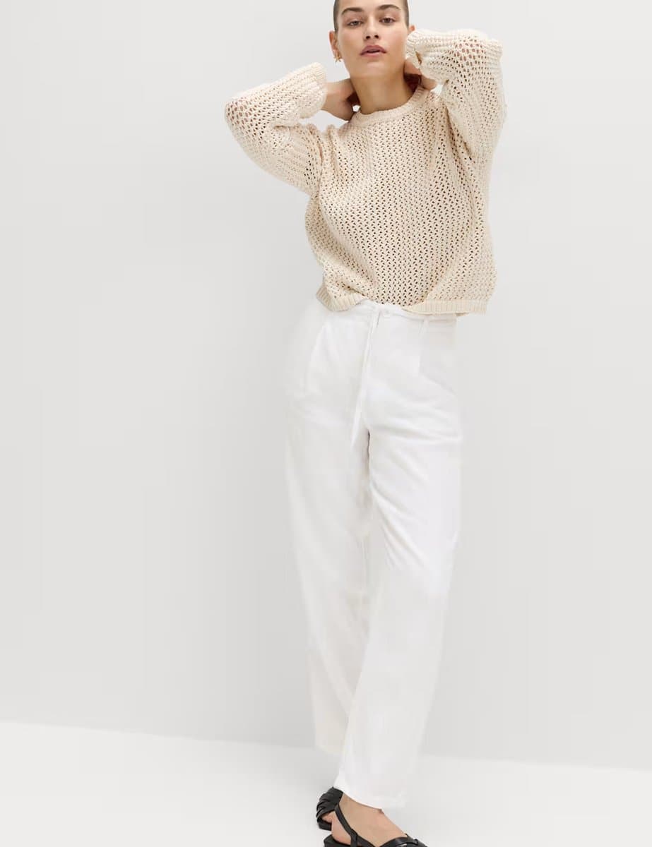 Marks & Spencer M&S Pure Linen Pleat Front Belted Tapered Trousers in White
