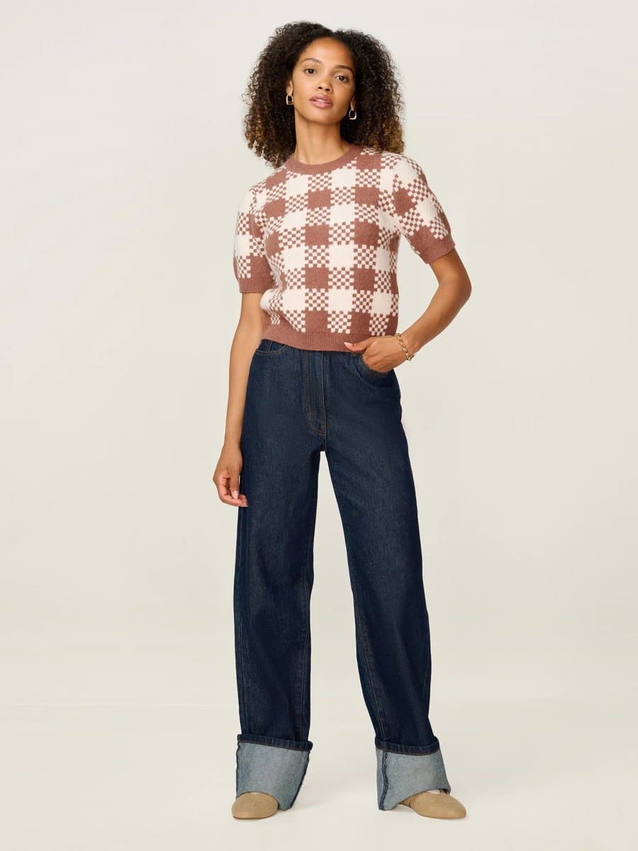 OMNES Lexi Weave Top in Brown and Cream