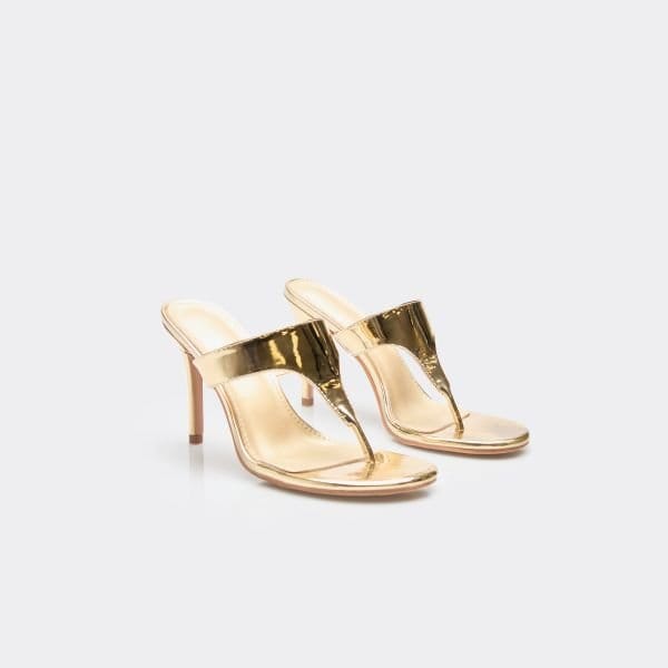 EGO Fleur Thong Strap Stiletto Heel Mule In Gold Patent, Women's Size UK 3 - 2