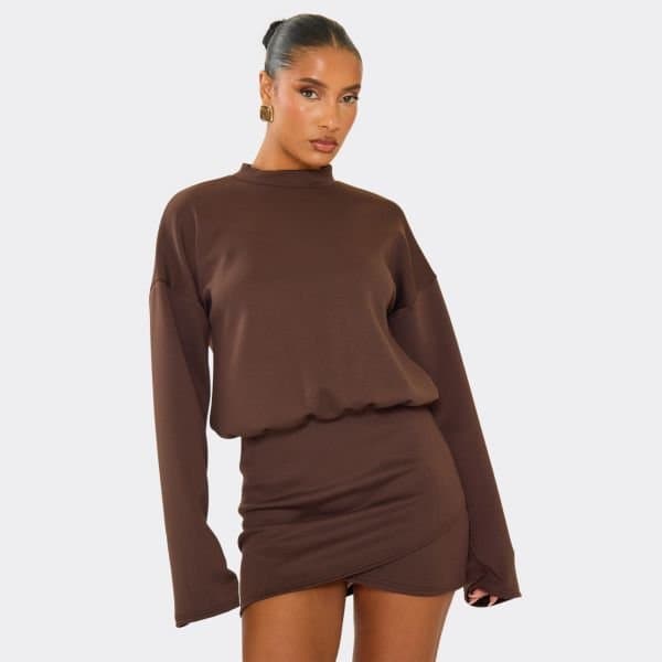 EGO High Neck Crossover Skirt Panel Detail Mini Dress In Brown, Women's Size UK 6