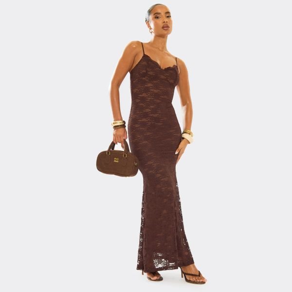 EGO Strappy Cupped Detail Maxi Dress In Brown Lace, Women's Size UK Large L - 1