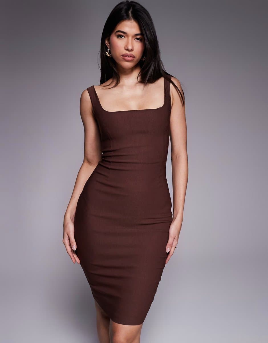 ASOS Vesper bengaline square neck bodycon midi dress in chocolate