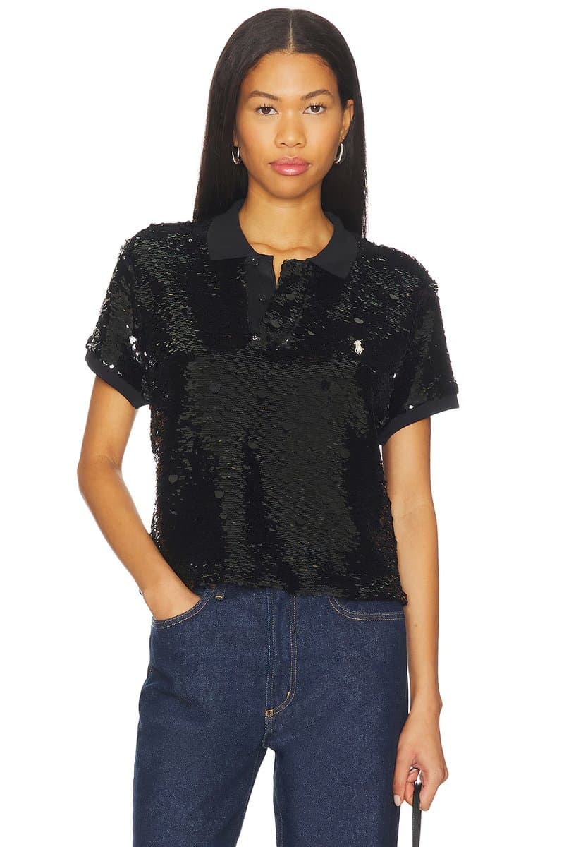 revolve Sequined Mesh Crop Polo Shirt
