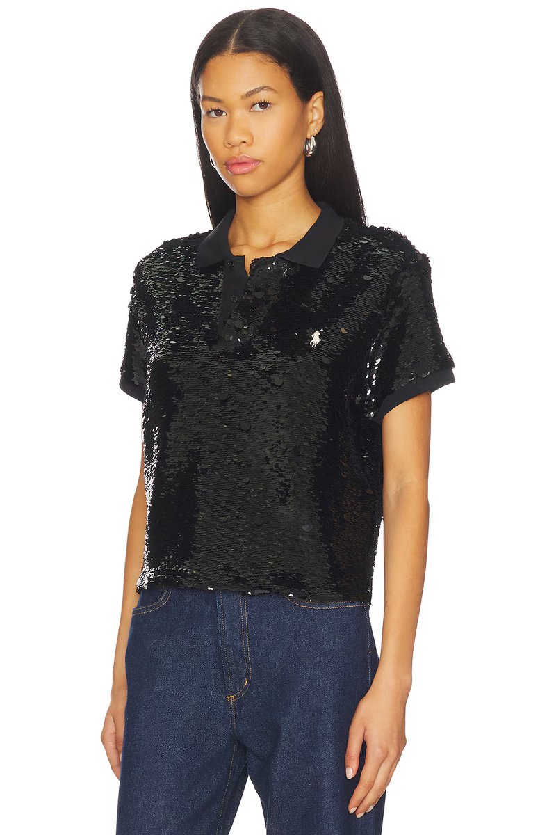 revolve Sequined Mesh Crop Polo Shirt - 2
