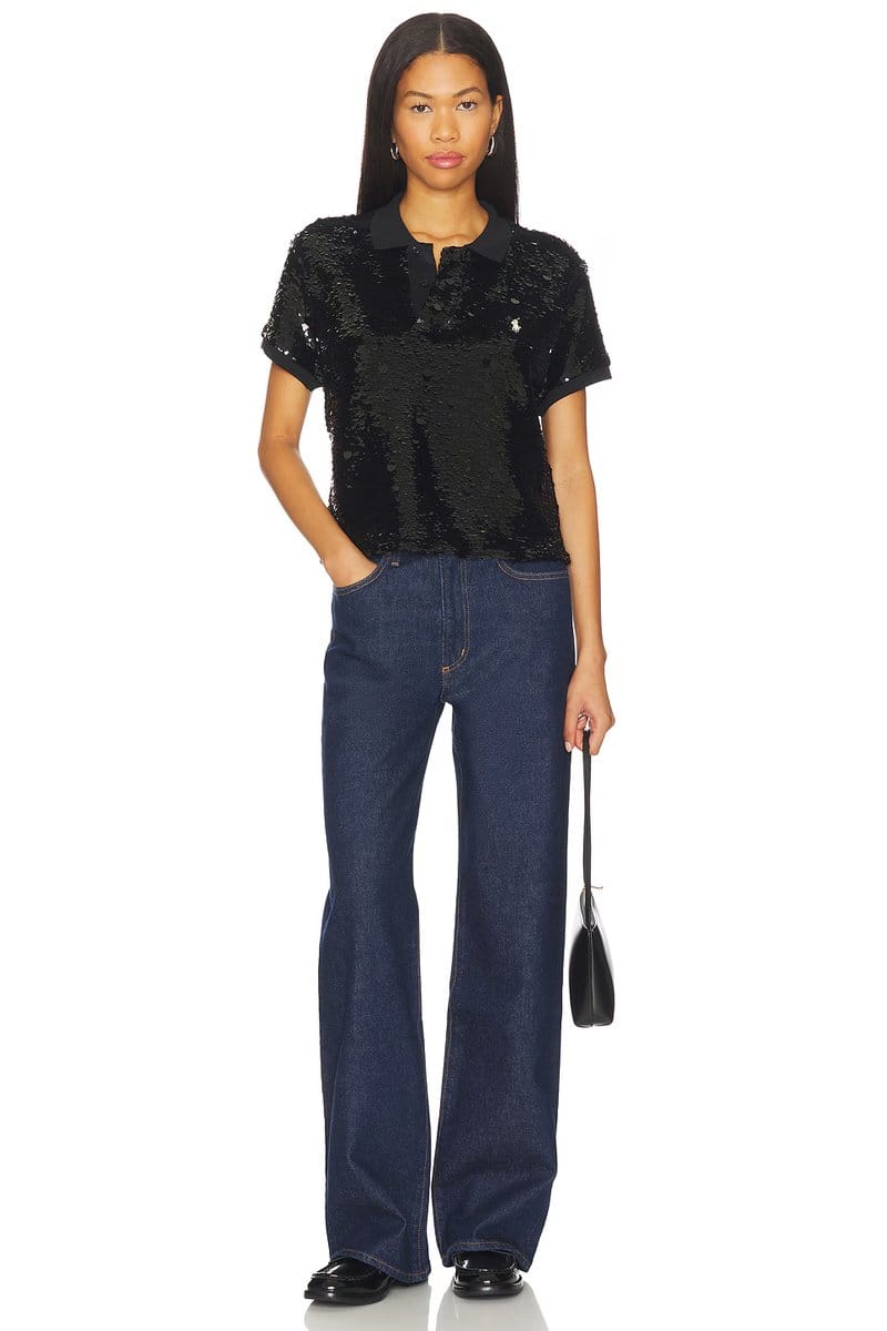 revolve Sequined Mesh Crop Polo Shirt - 4
