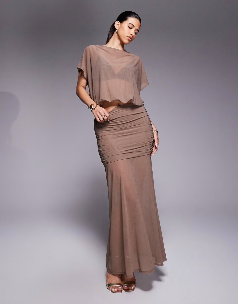 ASOS ASOS DESIGN co-ord sheer mesh ruched waist maxi skirt in chocolate - 1