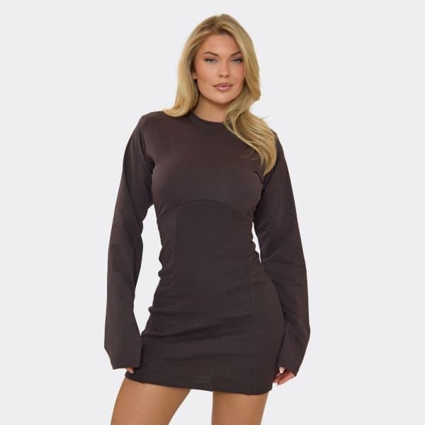 EGO Flared Sleeve Corset Detail T-Shirt Dress In Chocolate Brown, Women's Size UK 6