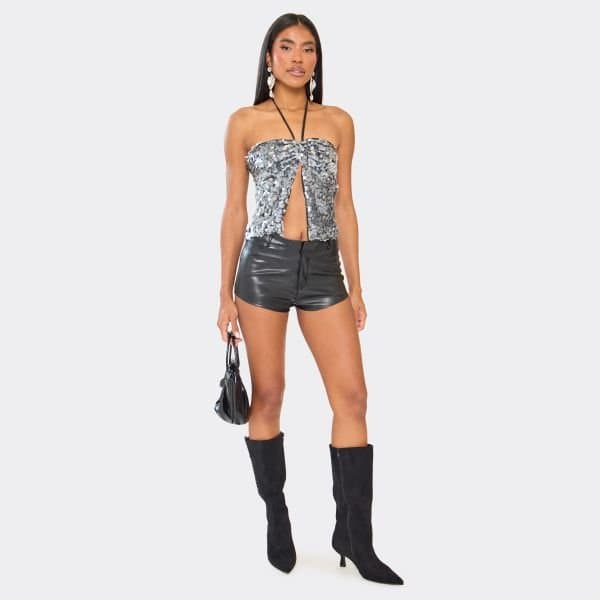 EGO Halterneck Split Front Top In Black Sequin, Women's Size UK 10