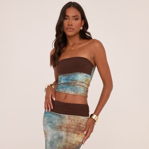 EGO Contrast Fold Over Bandeau Crop Top In Green Abstract Print Slinky, Women's Size UK 4 - 1