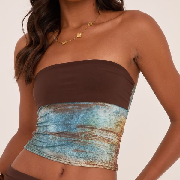 EGO Contrast Fold Over Bandeau Crop Top In Green Abstract Print Slinky, Women's Size UK 4 - 2