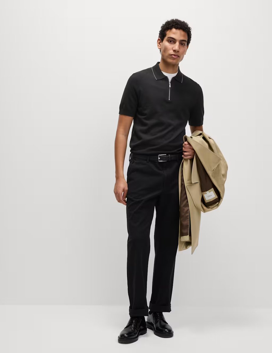 Marks & Spencer M&S Cotton Rich Half Zip Knitted Polo Shirt Black - 2