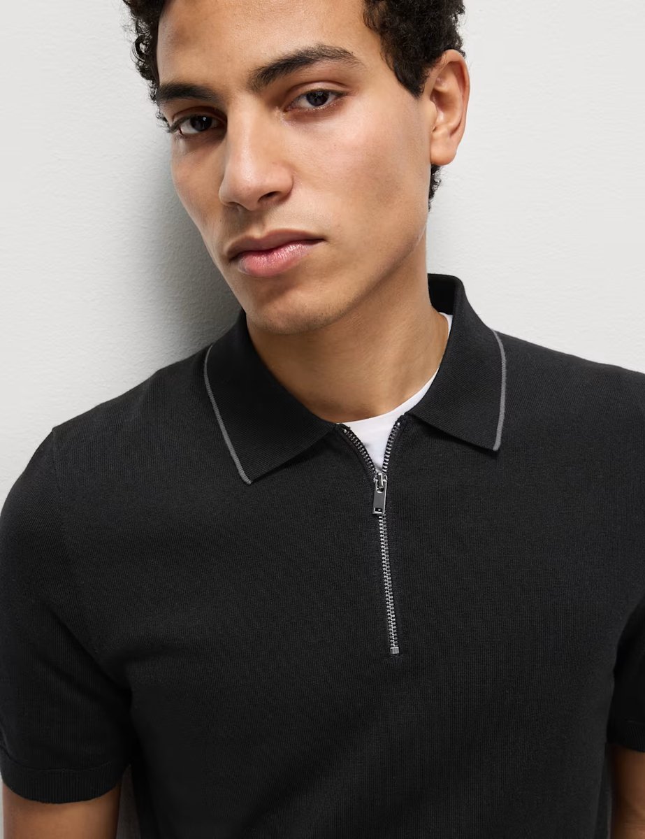 Marks & Spencer M&S Cotton Rich Half Zip Knitted Polo Shirt Black - 3