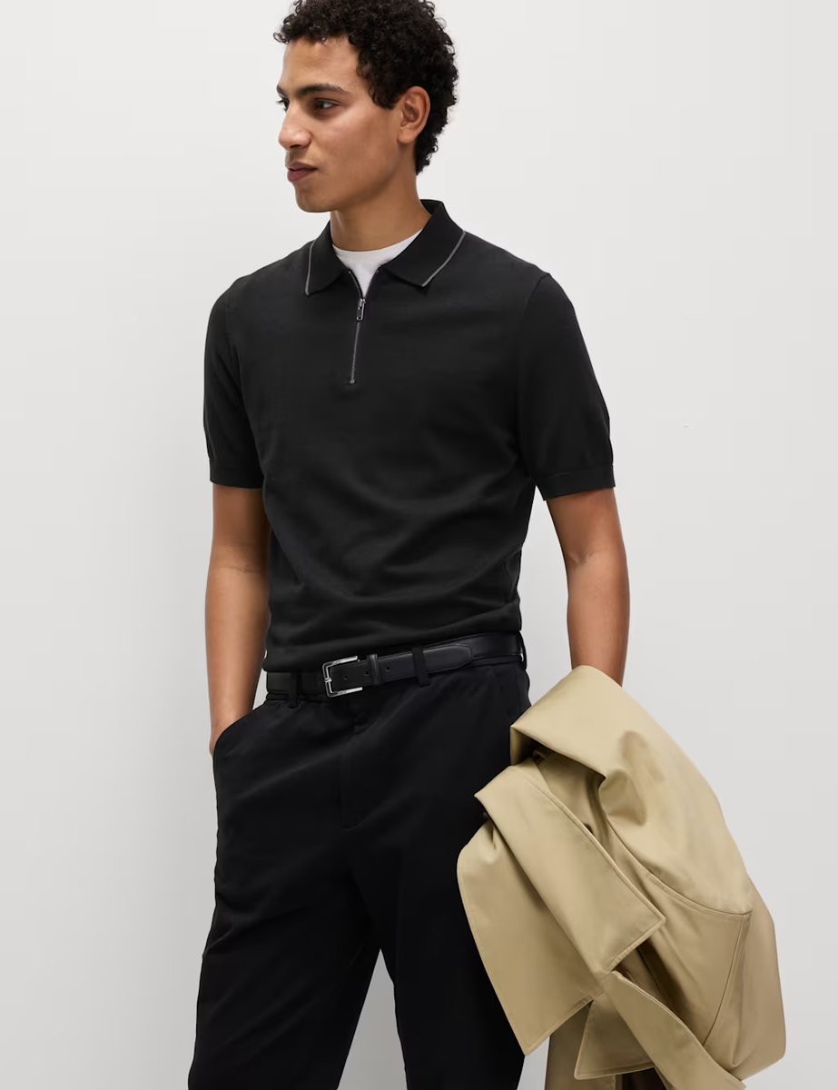 Marks & Spencer M&S Cotton Rich Half Zip Knitted Polo Shirt Black - 4