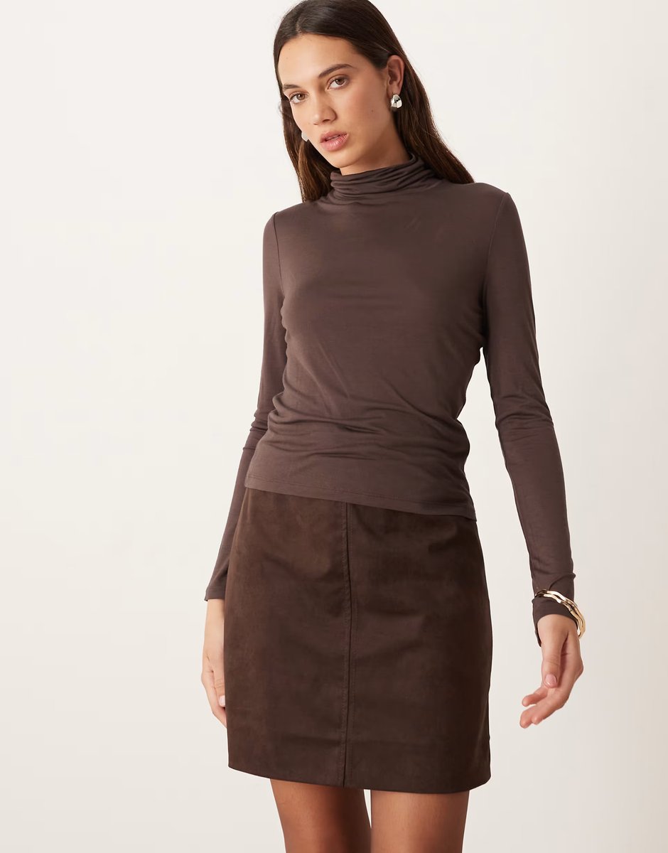 ASOS Gina Tricot faux suede mini skirt in dark brown - 4