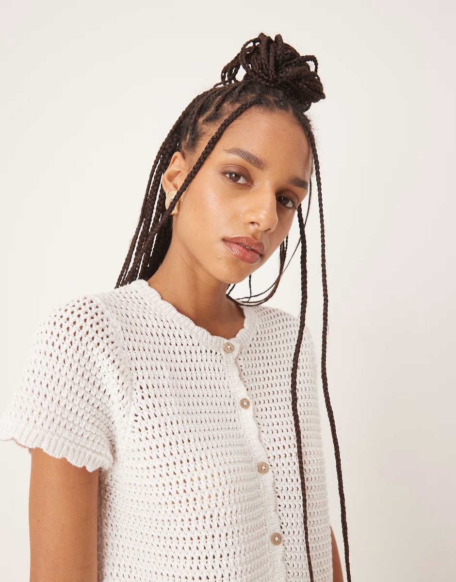 ASOS Gina Tricot co-ord crochet button up short sleeve top in white - 2