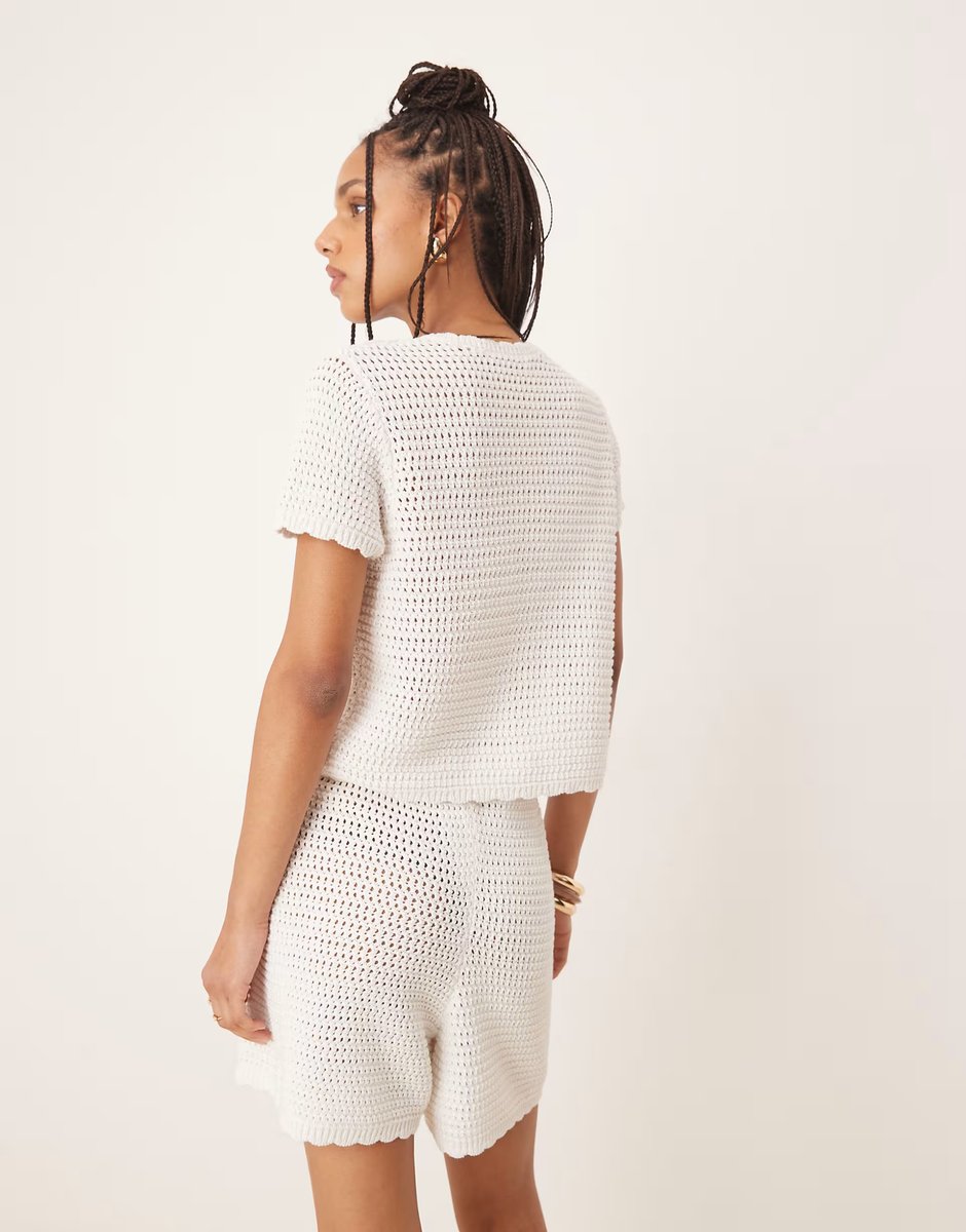 ASOS Gina Tricot co-ord crochet button up short sleeve top in white - 3