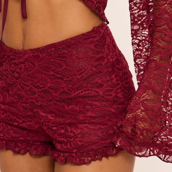 EGO Mid Rise Hotpant Shorts In Burgundy Lace, Women's Size UK 4 - 2