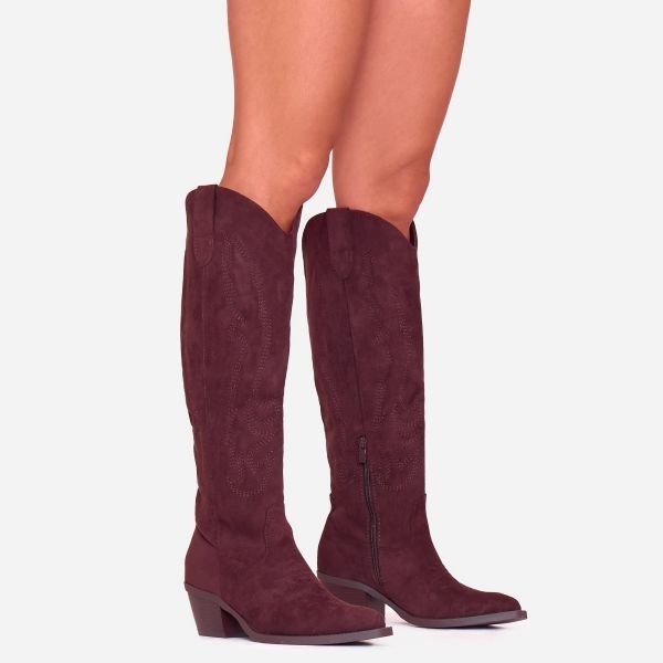 EGO Cardinia Embroidered Detail Pointed Toe Knee High Long Western Boot In Brown Faux Suede, Women's Size UK 3 - 1