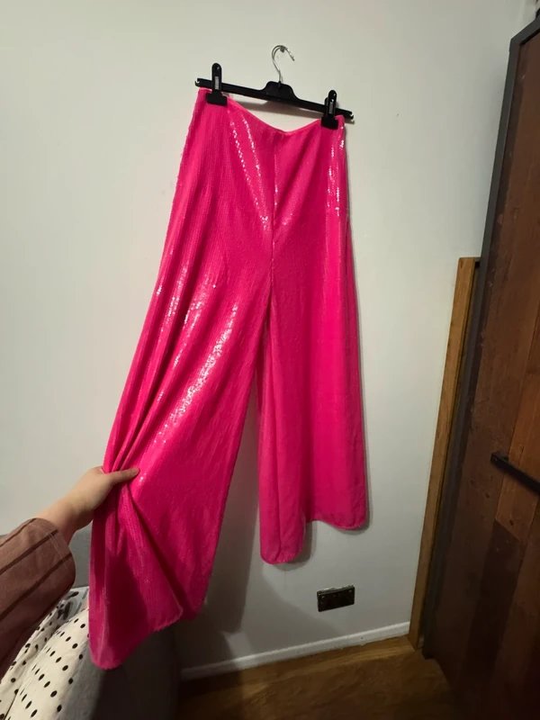 ASOS Design wide leg flowy column trousers sequins hot barbie pink embellishment sparkly - 2