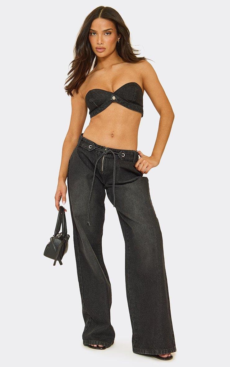 EGO Low Rise Zip Front Tie Waist Boyfriend Jeans In Black Denim, Women's Size UK 6 - 2