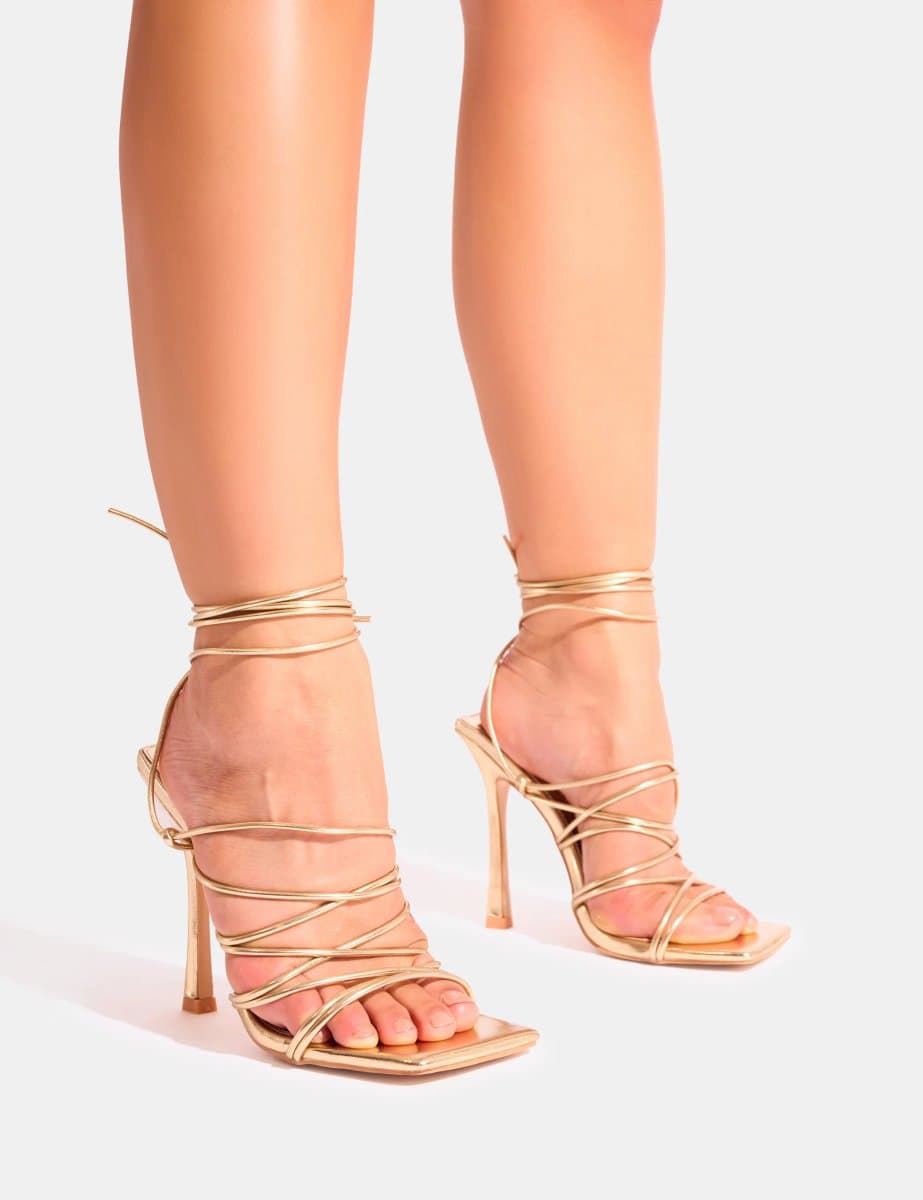 Public Desire Delphini Gold Extreme Lace Up Square Toe Heels