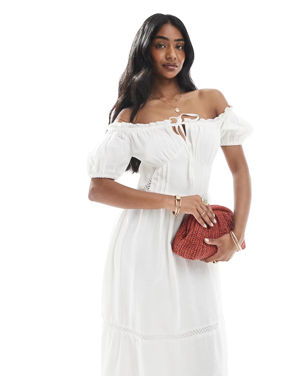 ASOS Wednesday's Girl bardot crochet midi trim dress in white - 3