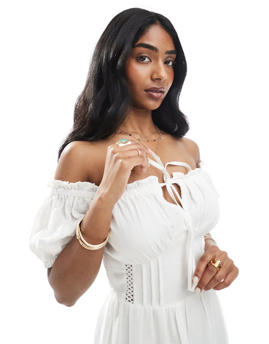 ASOS Wednesday's Girl bardot crochet midi trim dress in white - 4