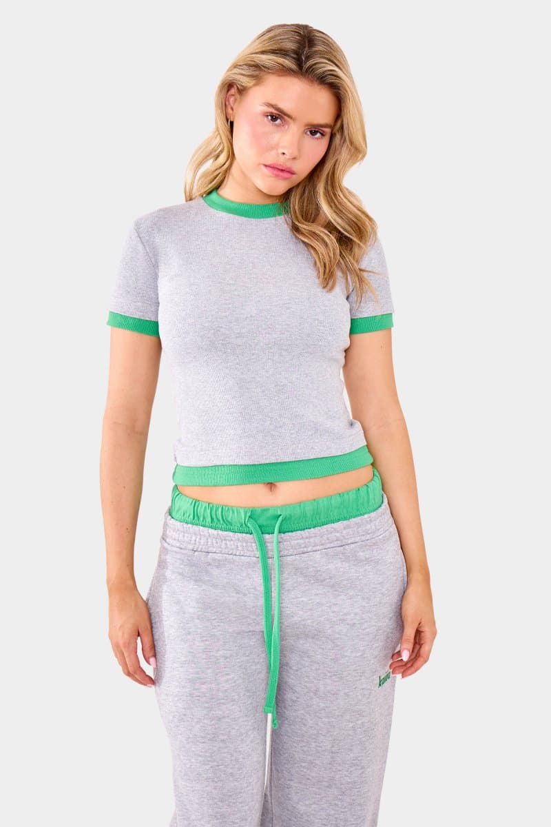 Kaiia Kaiia Ribbed Double Layered Baby Tee in Grey Marl and Green