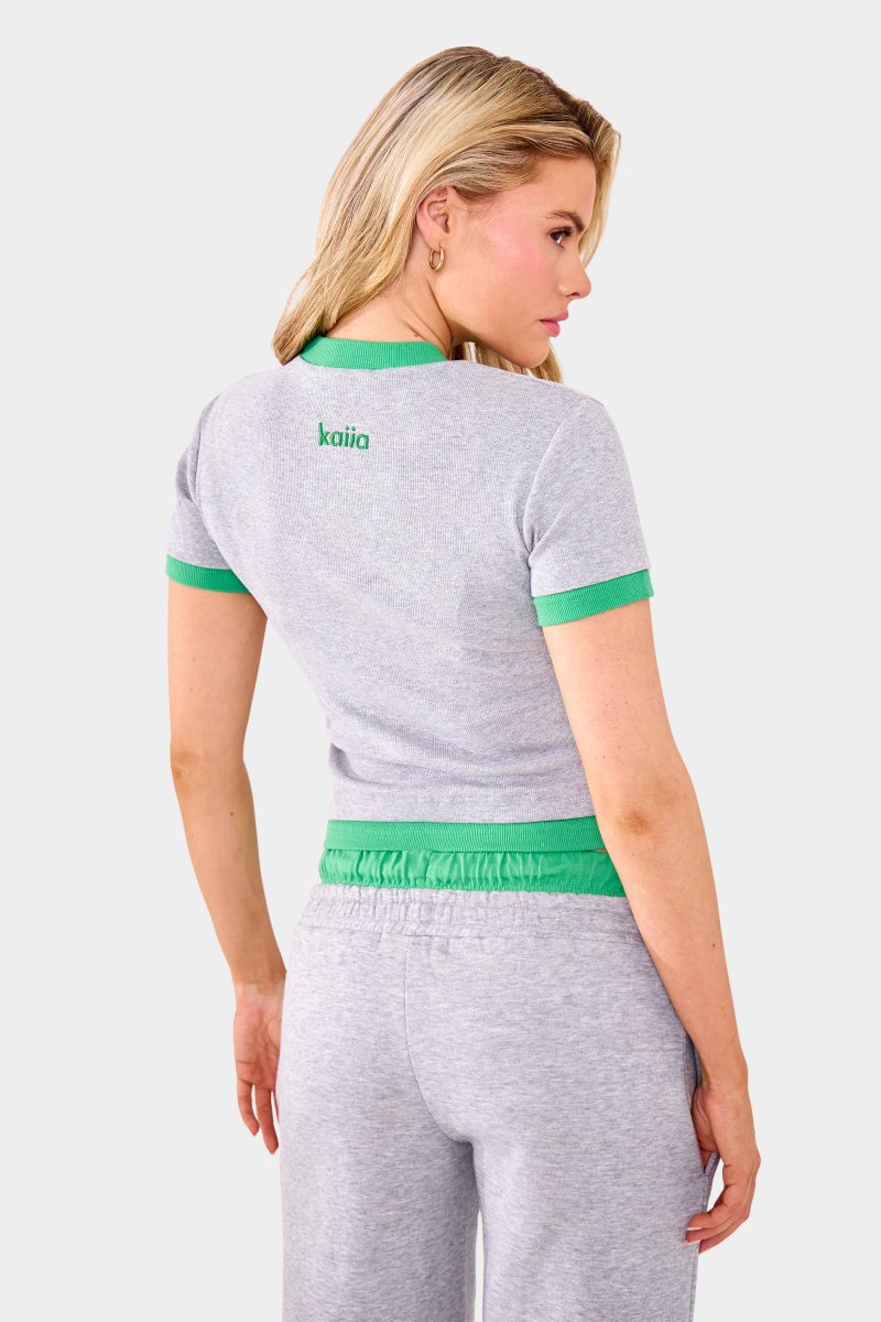 Kaiia Kaiia Ribbed Double Layered Baby Tee Grey Marl & Green - 2