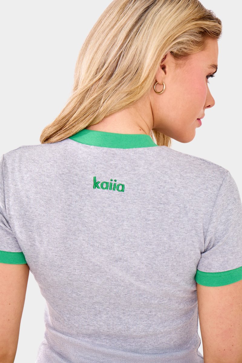 Kaiia Kaiia Ribbed Double Layered Baby Tee Grey Marl & Green - 4