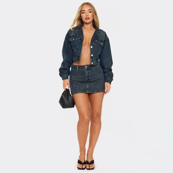 EGO Mid Rise Mini Skirt In Dark Washed Blue Denim, Women's Size UK 6