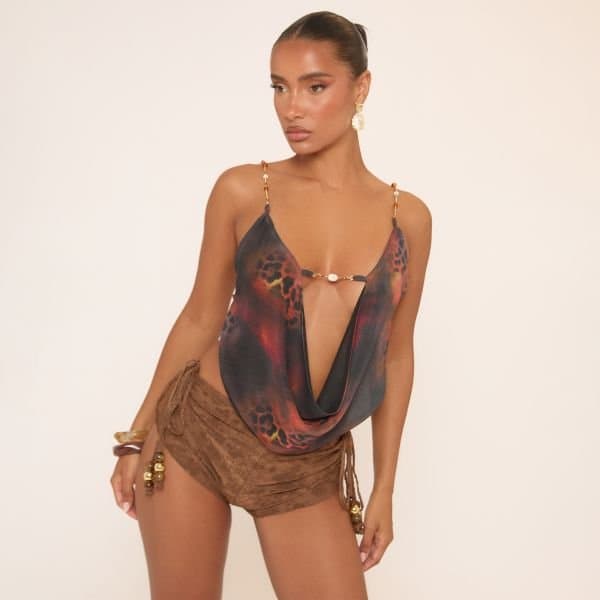 EGO Cowl Halterneck Beaded Strap Top In Multi Print Mesh, Women's Size UK 12