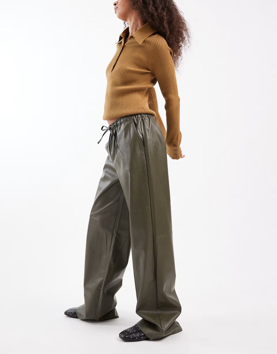 ASOS Vero Moda tie waist wide leg faux leather trouser in khaki - 3