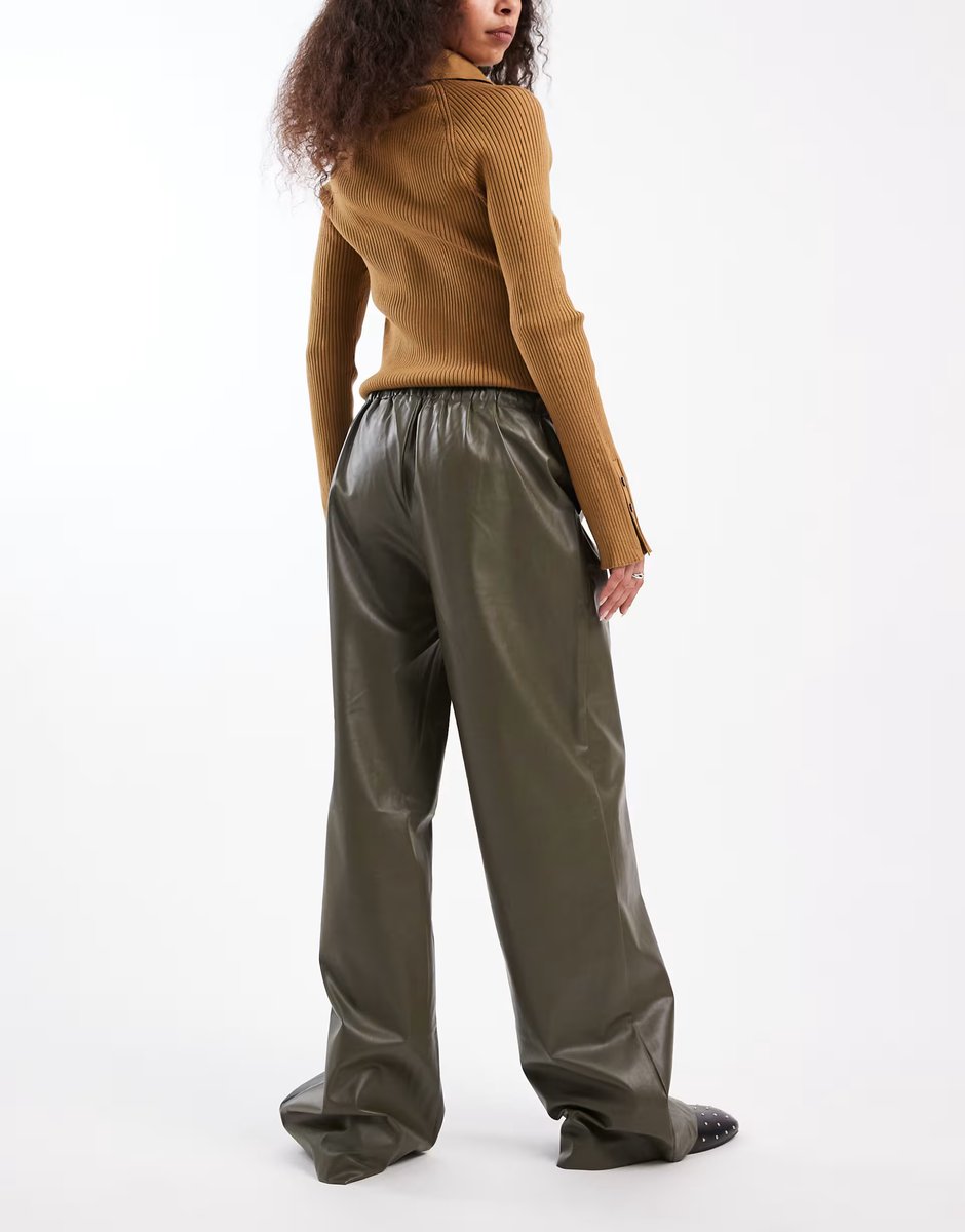 ASOS Vero Moda tie waist wide leg faux leather trouser in khaki - 4