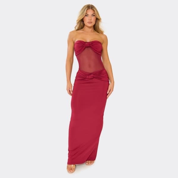 EGO Bandeau Sheer Panel Knot Front Detail Maxi Dress In Burgundy, Women's Size UK 6 - 1