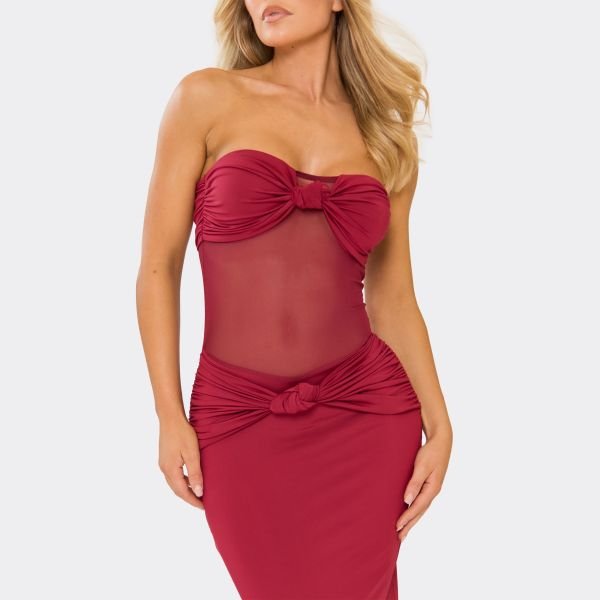 EGO Bandeau Sheer Panel Knot Front Detail Maxi Dress In Burgundy, Women's Size UK 6 - 2