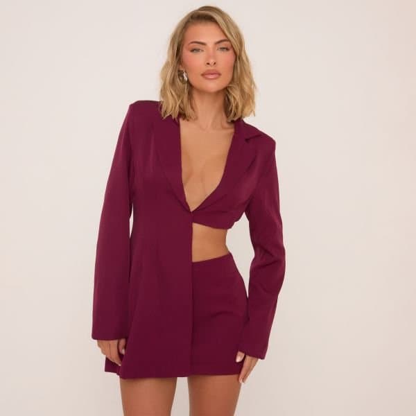 EGO EGO Cut Out Woven Asymmetric Blazer In Burgundy