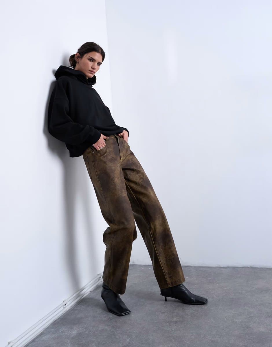 ASOS ASOS Faux Leather Straight Leg Trousers in Brown