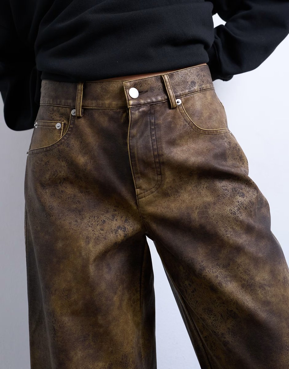 ASOS Topshop faux leather washed brown straight leg trouser in brown - 4