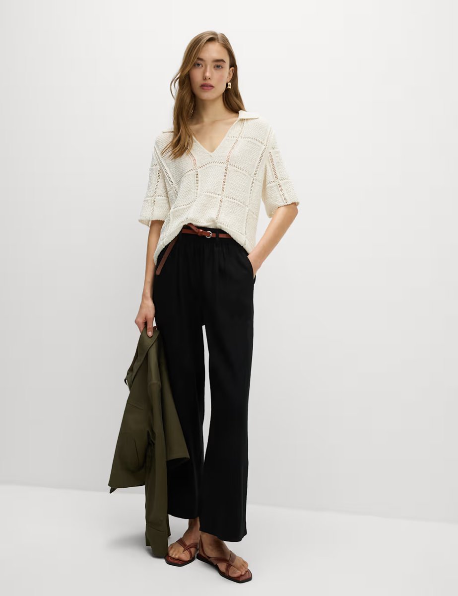 Marks & Spencer M&S Linen Rich Wide Leg Cropped Trousers Black - 4