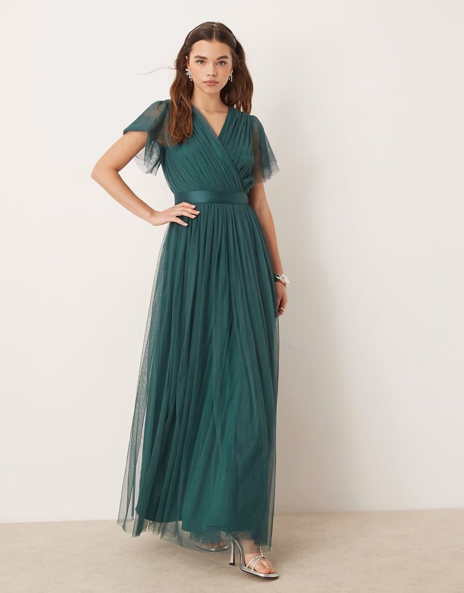 ASOS Anaya Faux wrap short sleeve bridesmaid maxi dress in emerald green