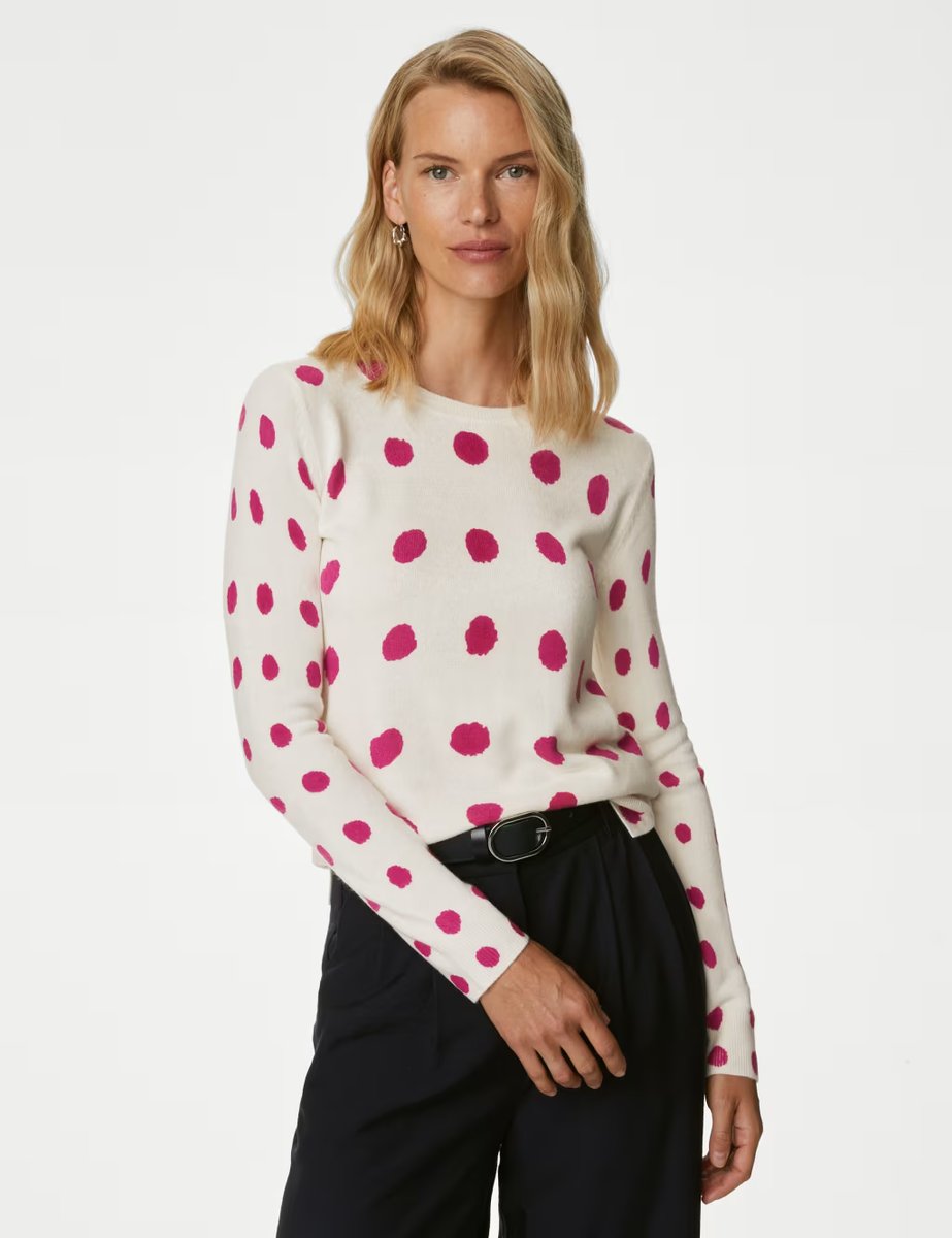 Marks & Spencer M&S Supersoft Spot Print Crew Neck Jumper Pink Mix - 3