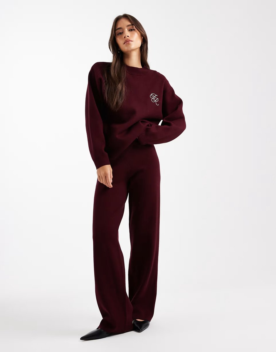 ASOS 4th & Reckless knitted embroidered logo detail jumper co-ord in burgundy - 2