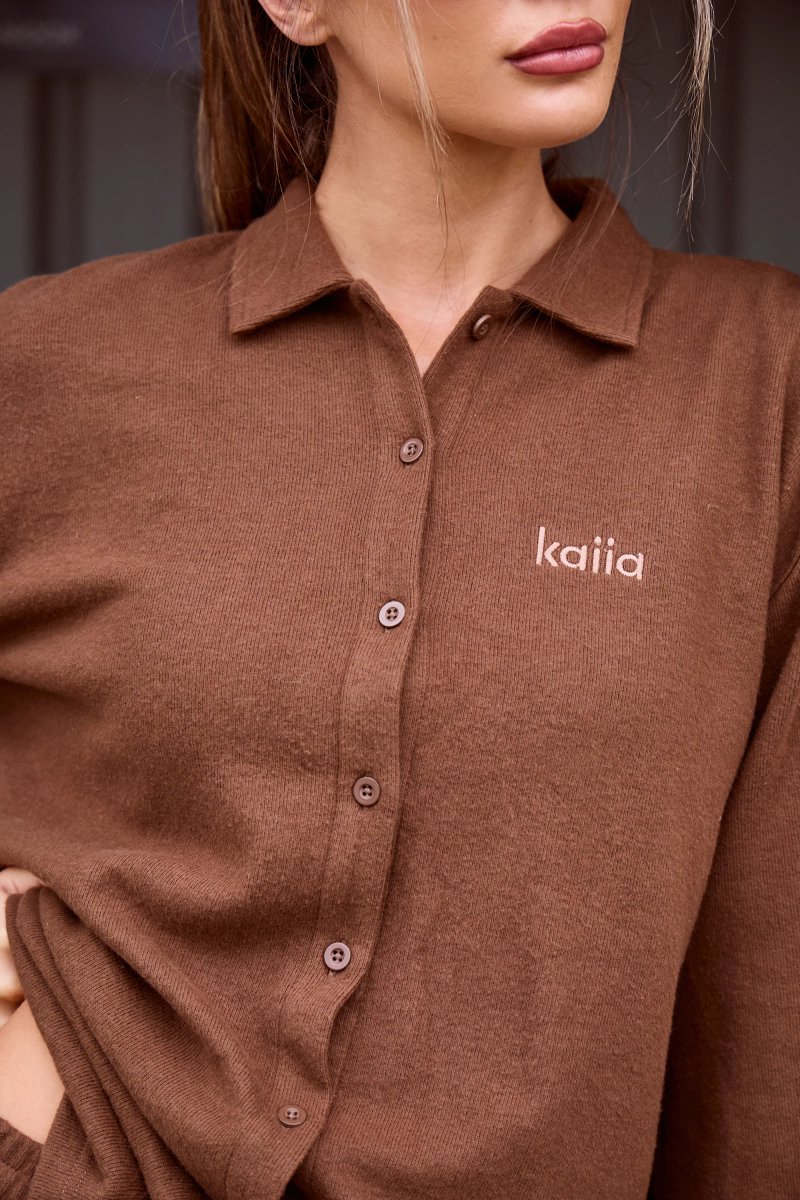 Kaiia Kaiia Supersoft Button Down Shirt Coffee - 2