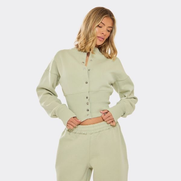 EGO Long Sleeve Popper Detail Cinched Waist Sweatshirt In Sage Green, Women's Size UK 6 - 1