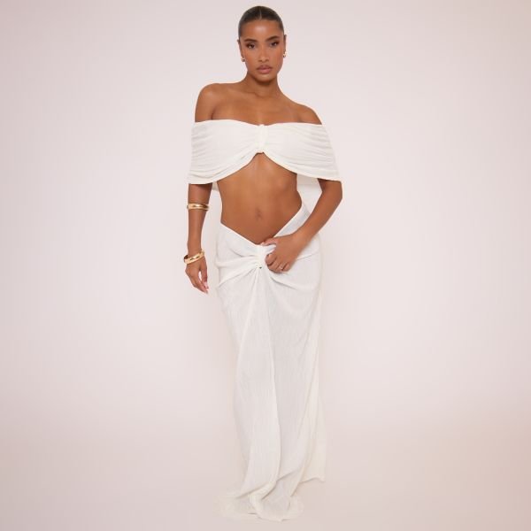 EGO Mid Rise Knot Front Detail Maxi Skirt In White, Women's Size UK 10 - 2